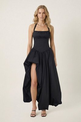 Halter Neck Corset Maxi Dress With Gathered Bodice And Full Skirt