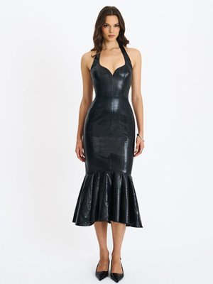Gardenia Black Faux Croc Leather Midi Sweetheart Halter Dress