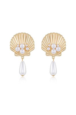 Ettika Golden Seashell Pearl Drop 18k Gold Plated Earrings
