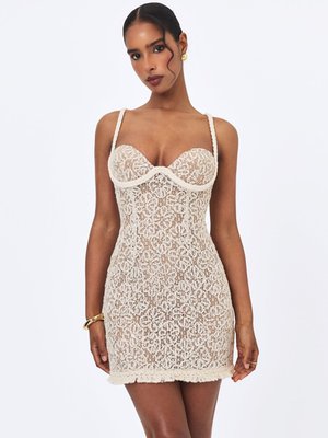Cream Braided-Strap Chunky Lace Mini Dress