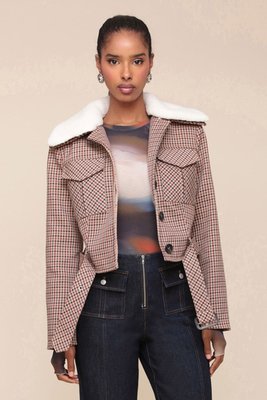 Faux Shearling Collared Plaid Aviator Jacket