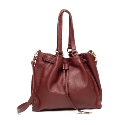 Leather Drawstring Handbag - Wine