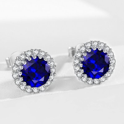 Round Pavé Halo Stud Earrings - Platinum/Sapphire