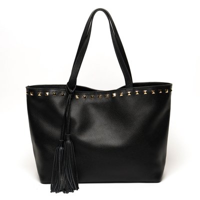Studded Leather Tassel Tote - Black