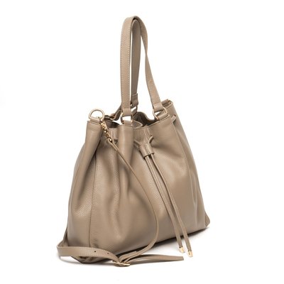 Leather Drawstring Handbag - Taupe