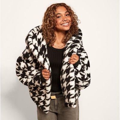 Cropped Sherpa Jacket - Black & Ivory Houndstooth