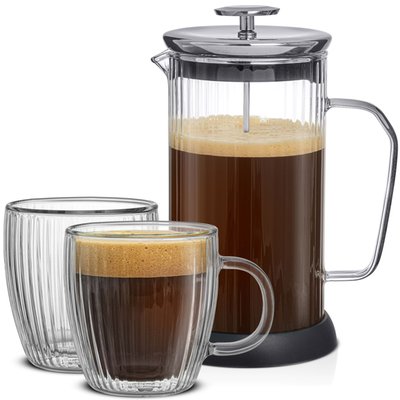 Fluted Coffee French Press & 2 Double Wall Mugs, 13.5 oz - Set of 3