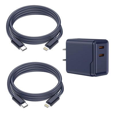 Lightning 6ft Charging Cables (set Of 2) + Dual Adapter - 8 Color Options - Navy