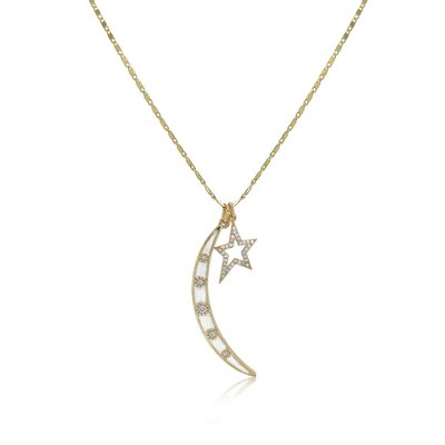 Moon and Star Charm Neckalce - Yellow Gold