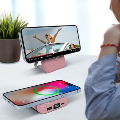 Wireless Charging Battery with Stand - Soft Pink