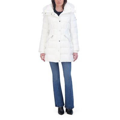 Removable Faux Fur Hood Strip Puffer - White