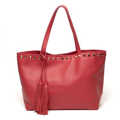 Studded Leather Tassel Tote - Fuschia