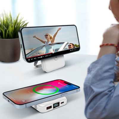 Wireless Charging Battery with Stand - White