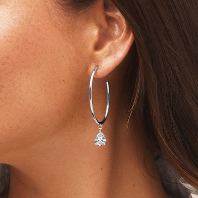 Oval Hoop Sparkle Drop Earrings - White Gold