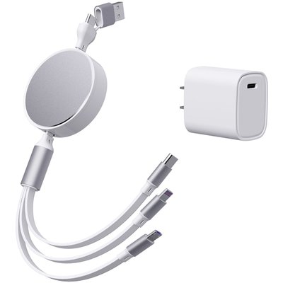 6-In-1 Retractable Cable With Fast Charge Adapter - White