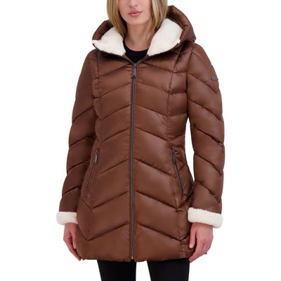 Chevron Quilted Satin Puffer - Cognac