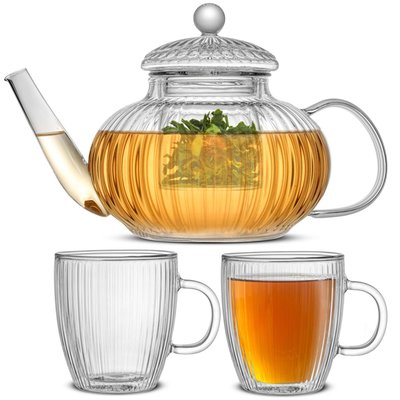 Fluted Tea Kettle & 2 Fluted Double Wall Mugs, 13.5 oz - Set of 3