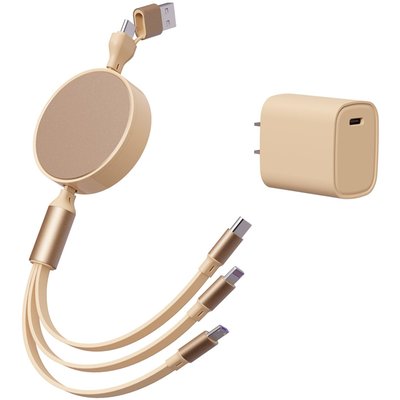 6-in-1 Retractable Cable With Fast Charge Adapter - Gold