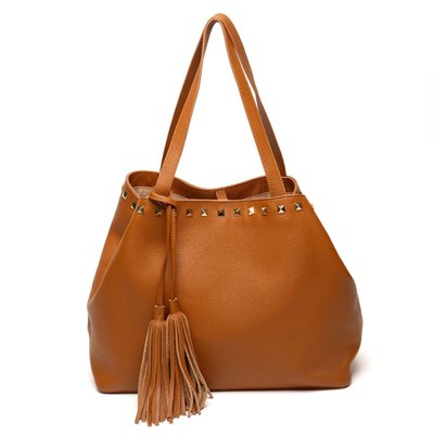 Studded Leather Tassel Tote - British Tan