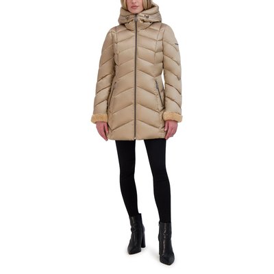 Chevron Quilted Satin Puffer - Sand