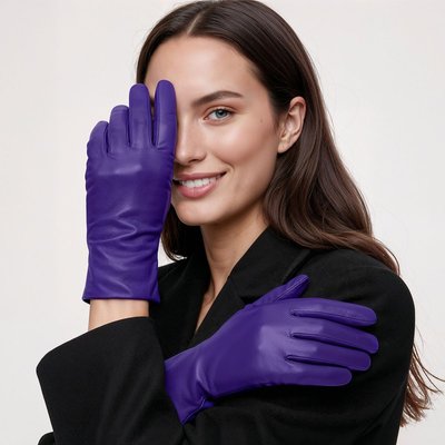9" Leather Gloves With Cashmere Lining - Purple