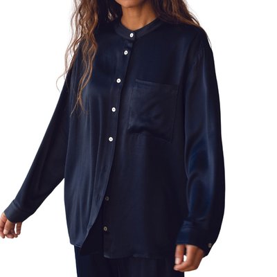 Satiny Mandarin Shirt - Navy