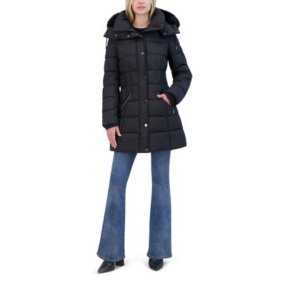 Removable Faux Fur Hood Strip Puffer - Black