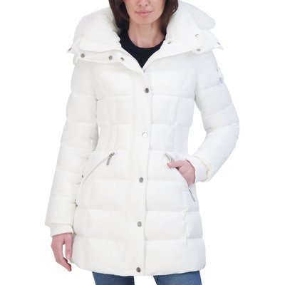 Removable Faux Fur Hood Strip Puffer - White