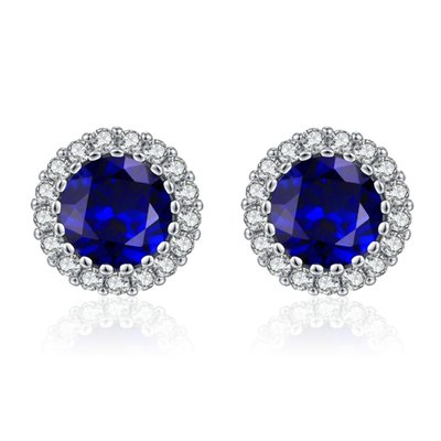 Round Pavé Halo Stud Earrings - Platinum/Sapphire