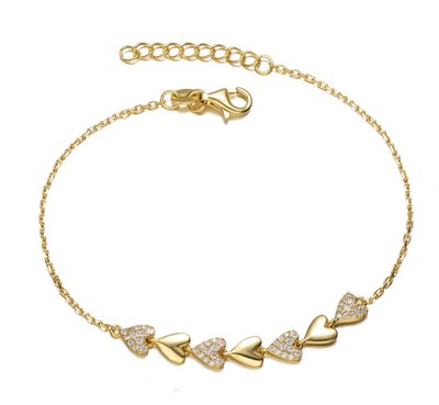 Lustrous Elegance Sterling Silver Heart Charm Bracelet - 14k Gold