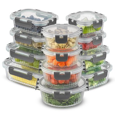 Fluted Glass Storage Containers (12 Piece) - Grey