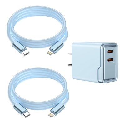 Lightning 6ft Charging Cables (set Of 2) + Dual Adapter - 8 Color Options - Blue