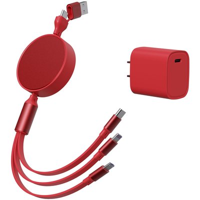 6-in-1 Retractable Cable With Fast Charge Adapter - Red