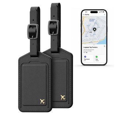 Leather Luggage Tag Trackers (2 Pack) - Black