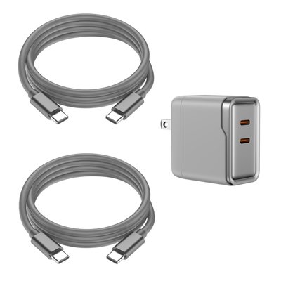 USB-C 6ft Charging Cables (set of 2) + Dual Adapter - 6 Color Options - Grey