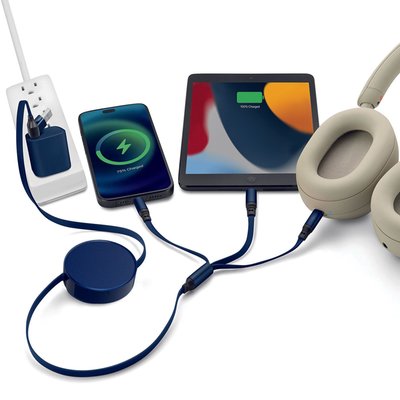 6-in-1 Retractable Cable With Fast Charge Adapter - Navy