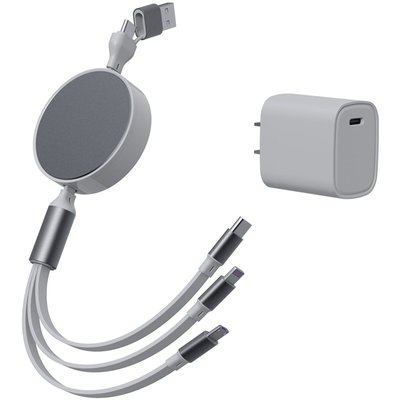 6-in-1 Retractable Cable With Fast Charge Adapter - Grey
