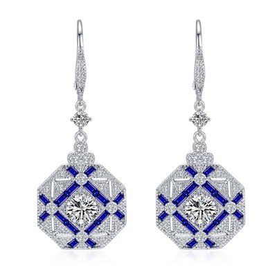 Stellar Prestige Geometric Drop Earrings - Platinum/Sapphire