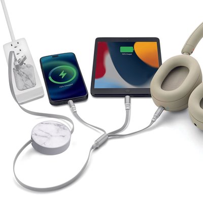 6-in-1 Retractable Cable With Fast Charge Adapter - Marble
