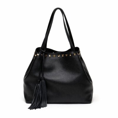 Studded Leather Tassel Tote - Black