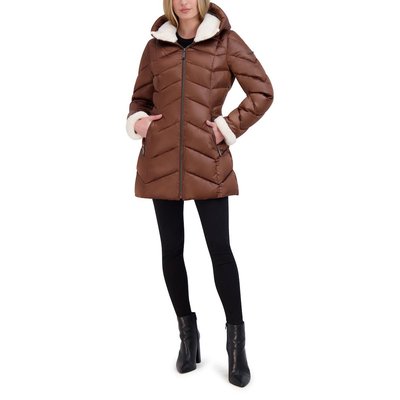 Chevron Quilted Satin Puffer - Cognac