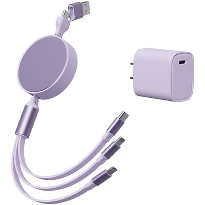 6-in-1 Retractable Cable With Fast Charge Adapter - Purple