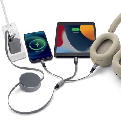 6-in-1 Retractable Cable With Fast Charge Adapter - Grey