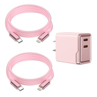 Lightning 6ft Charging Cables (set Of 2) + Dual Adapter - 8 Color Options - Pink