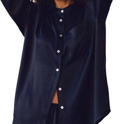 Satiny Mandarin Shirt - Navy