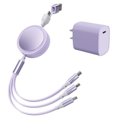6-in-1 Retractable Cable With Fast Charge Adapter - Lavender