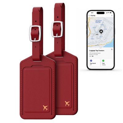 Leather Luggage Tag Trackers (2 Pack) - Red