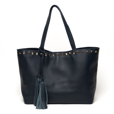 Studded Leather Tassel Tote - Navy