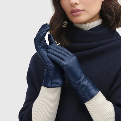 11" Leather Gloves With Cashmere Lining - Navy