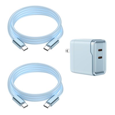 Usb-c 6ft Charging Cables (set Of 2) + Dual Adapter - Blue